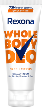 Biała tubka Rexona Whole Body Deo Fresh Citrus 72H do ciała, 0% aluminium, widok z przodu.