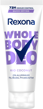 Rexona Whole Body Deo Rio Coconut, biała tuba stojąca, fioletowe napisy, 72h ochrony, 0% aluminium.