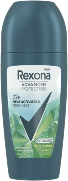 Rexona Men Advanced Protection antyperspirant roll-on 72h Iced Lemon & Sage Scent, ciemnoturkusowy, widok z przodu.