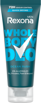 Dezodorant Rexona Men Whole Body Deo Ocean Rush w tealowej tubce, 72h ochrona, 0% aluminium, przód.