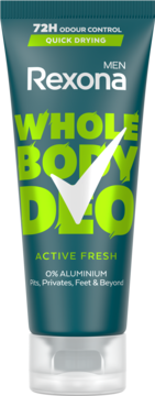Rexona Men Whole Body Deo Active Fresh, ciemnozielona tubka z neonowym napisem, 0% aluminium, 72h.
