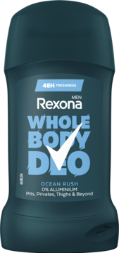 Ciemnoturkusowy dezodorant w sztyfcie Rexona Whole Body Deo Men Ocean Rush, 48h świeżości, 0% aluminium.