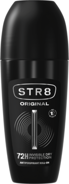 Czarny antyperspirant STR8 Original w kulce, widok z przodu, z 72h niewidzialną ochroną i srebrnym designem.