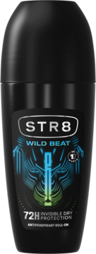 STR8 Wild Beat roll-on antyperspirant, czarna butelka, niebiesko-zielony wzór z głową tygrysa.