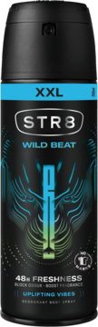 STR8 Wild Beat XXL deodorant w czarnym sprayu z niebiesko-zielonym wzorem, 48h freshness, widok z przodu.