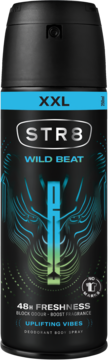 STR8 Wild Beat XXL męski dezodorant, czarna puszka z niebieską grafiką pantery, '48h FRESHNESS', widok z przodu.