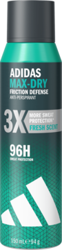 Adidas Max-Dry Friction Defense Antyperspirant w sprayu, turkusowa puszka z logo Adidas, 96H, widok z przodu.