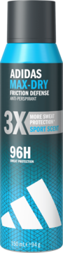 Antyperspirant Adidas Max-Dry Friction Defense 96H Sport Scent, w niebiesko-szarej puszce z logo.