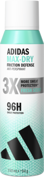 Antyperspirant Adidas Max-Dry Friction Defense Fresh, biało-turkusowy spray, 96H ochrony, widok z przodu.