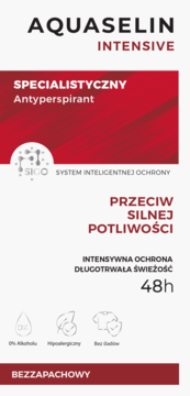 Aquaselin Intensive, specjalistyczny antyperspirant w biało-czerwonym opakowaniu, widok z przodu, ochrona 48h.