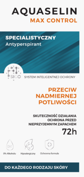 Aquaselin Max Control antyperspirant 72h, białe opakowanie z niebieskim tłem, przeciw nadmiernej potliwości.