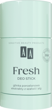 Miętowy dezodorant w sztyfcie AA Fresh, bez alkoholu i aluminium, z glinką i ekstraktami roślinnymi, widok z przodu.