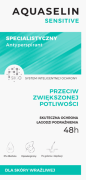 Aquaselin Sensitive antyperspirant, biało-zielone opakowanie, widok z przodu, 48h ochrona dla wrażliwej skóry bez alkoholu.