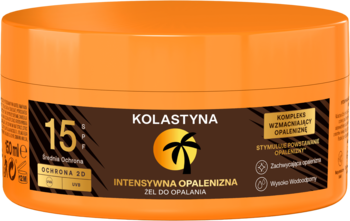 Pomarańczowy słoik Kolastyna Intensywna Opalenizna SPF 15, żel do opalania, z czarną etykietą i palmą, widok z przodu.
