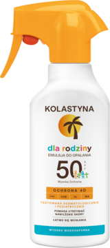 Kolastyna emulsja do opalania SPF 50+ dla rodziny, biała butelka z pomarańczowym spryskiwaczem, z przodu.