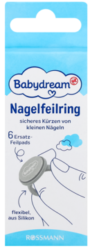 Niebiesko-białe opakowanie Babydream Nagelfeilring, bezpieczny pilnik do paznokci niemowląt, z 6 zapasowymi padami, widok z przodu.