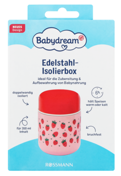 Babydream stalowa izolowana butelka na pokarm dla niemowląt w różowe truskawki, w pudełku, widok z przodu.