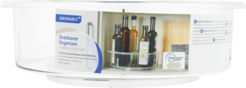 Biały, okrągły obrotowy organizer Ideenwelt z etykietą "Storage Organizer" i butelkami w środku, widok z przodu.