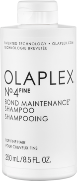 Biała butelka szamponu Olaplex No.4 Fine, do cienkich włosów, zwiększającego objętość, widok z przodu.