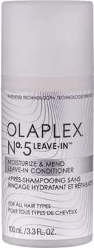 Biała butelka Olaplex No.5 Leave-In Moisturize & Mend, widok z przodu, z czarnym tekstem i falistym wzorem.