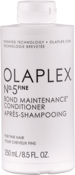 Biała butelka Olaplex No.5 Fine Bond Maintenance Conditioner do włosów cienkich, widok z przodu.