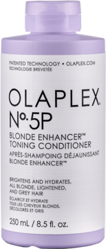 Olaplex No.5P Blonde Enhancer Toning Conditioner, jasnofioletowa butelka, przód, do włosów blond i siwych.