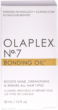 Olaplex N°7 Bonding Oil w białym opakowaniu z złotą opaską, widok z przodu. Opis: wzmacnia i naprawia włosy.