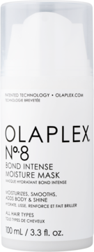 Intensywnie nawilżająca maska Olaplex No.8 w białej butelce 100 ml, widok z przodu, z czarnymi napisami.