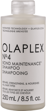 Olaplex No.4 Bond Maintenance Shampoo w białej butelce z czarnym tekstem i przezroczystym korkiem, widok z przodu.