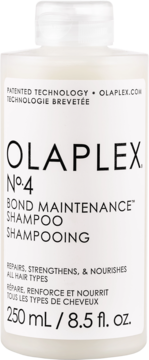 Biała butelka szamponu Olaplex No.4 Bond Maintenance 250ml, widok z przodu, czarne napisy na etykiecie.