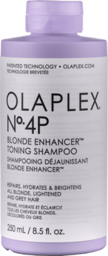 Olaplex No. 4P Blonde Enhancer Toning Shampoo w fioletowej butelce, widok z przodu, z jasnoszarą etykietą.