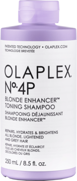 Fioletowy szampon tonujący Olaplex No.4P Blonde Enhancer w butelce, 250ml, widok z przodu.