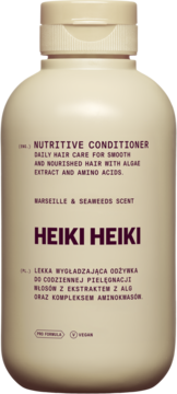 Beżowa butelka kondycjonera HEIKI HEIKI, Nutritive Conditioner. Z przodu fioletowy napis i informacja o algach i aminokwasach.