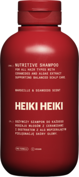 HEIKI HEIKI Nutritive Shampoo w ciemnoczerwonej butelce z ceramidami i algami, zapach Marsylii, widok z przodu.