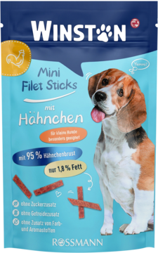 Winston Mini Filet Sticks z kurczakiem, turkusowa torebka dla psów z beaglem, 95% mięsa, bez cukru/zbóż.