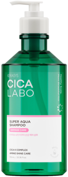 Zielony szampon Kerasys CICA LABO Super Aqua Damage Care z pompką, widok z przodu, białe etykiety.