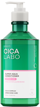 Kerasys CICA LABO Super Aqua Conditioner, zielona butelka z białą pompką, widok z przodu. Damage Care.