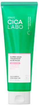 Zielona tubka Kerasys Cica Labo Super Aqua Hair Mask do włosów zniszczonych, z Cica-K Complex, widok z przodu.