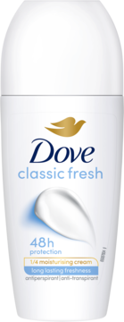 Biały antyperspirant Dove classic fresh roll-on, 48h ochrona, 1/4 kremu nawilżającego, widok z przodu.