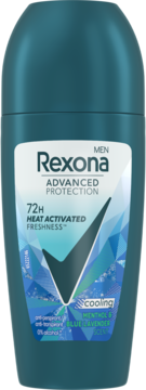 Rexona Men Advanced Protection roll-on, ciemnoniebieski, etykieta '72H Heat Activated Freshness', Menthol & Blue Lavender.