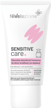 Nivelazione Sensitive Care roll-on dezodorant kwasowy w białej tubce z różowym pasem, widok z przodu.
