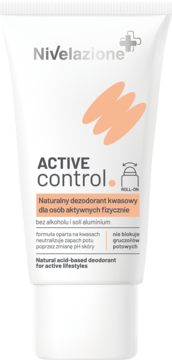 Nivelazione Active Control naturalny dezodorant roll-on dla aktywnych, bez aluminium, biała tubka z pomarańczowym wzorem, widok z przodu.