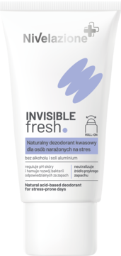 Biała tubka dezodorantu Nivelazione Invisible Fresh, kwasowy, roll-on na stres, widok z przodu.