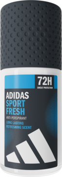Męski antyperspirant Adidas Sport Fresh roll-on 72h, biało-szara butelka z teksturowaną nakrętką, widok z przodu.