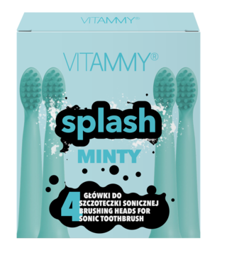 Jasnoniebieskie opakowanie VITAMMY splash MINTY z 4 główkami do szczoteczki sonicznej, widok z przodu.