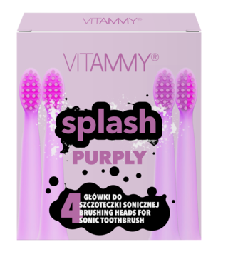 VITAMMY Splash Purply, 4 purpurowe główki do szczoteczki sonicznej w fioletowym opakowaniu, widok z przodu.