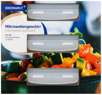Ideenwelt, 3 prostokątne pojemniki do mikrofali 600ml, przezroczyste, widoczne na opakowaniu z warzywami.