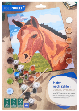 Zestaw Ideenwelt Malowanie po numerach dla dzieci 4+ z obrazem konia, farbami, pędzelkiem, widok z góry.