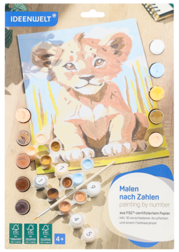 Zestaw kreatywny Ideenwelt Malowanie po numerach dla dzieci 4+, z lwiątkiem, farbami, pędzelkiem, widok z góry.