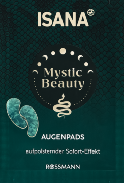 ISANA Mystic Beauty Augenpads, ciemnozielone opakowanie z wzorem łuski, turkusowe płatki, wygładzające, widok z przodu.
